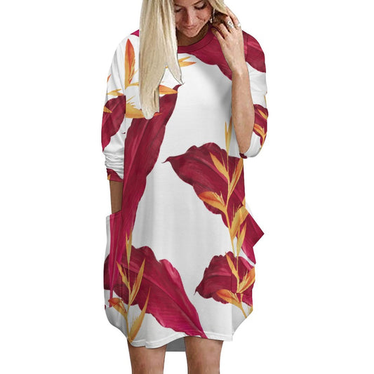 AGI Red Tea Leaf (White) Loose Long-sleeve Dress with Pockets