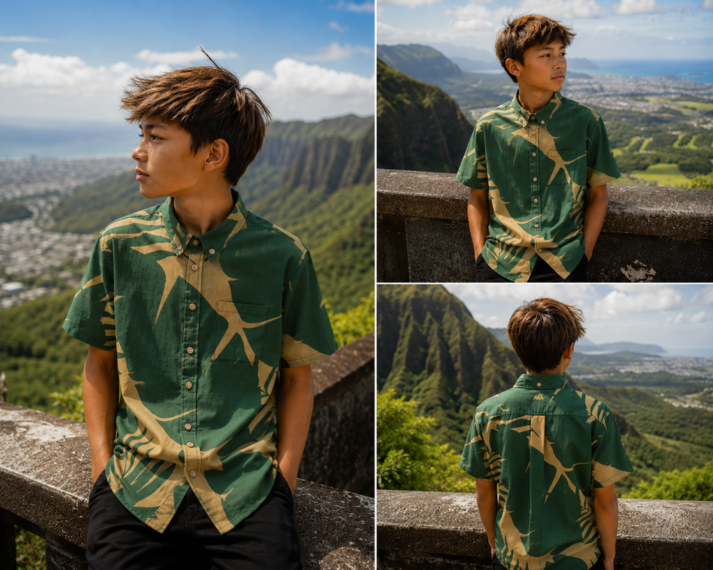 Junior Khaki Green Palm Aloha Shirt