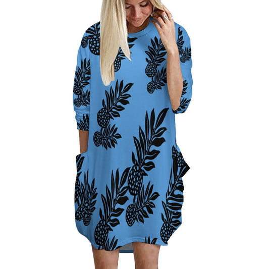 AGI Ulu (Blue) Loose Long-sleeve Dress with Pockets