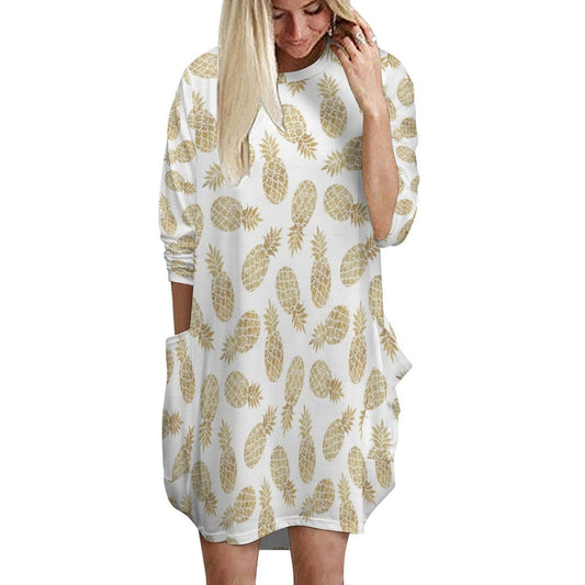 AGI Gold Pineapple (White) Loose Long-sleeve Dress with Pockets